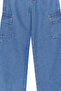 Koyu Mavi Kız Çocuk Wide Leg Kargo Cepli Pamuklu Lastikli Denim Pantolon Jean TKDSS24PL00001 - 4