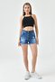 Women's Ripped High-Waist Stretch Fabric Dark Blue Denim Shorts, Ripped Stretchy Denim Shorts 70354 - 9