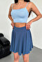Women's Indigo Flared Model Flared Skirt with Shorts Inside, Flexible, Elastic Waist, Sandy Fabric Flared Skirt with Shorts - 7