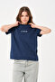 Women's Navy Blue Just Strong Text Print Detailed Relaxed Fit T-Shirt - 3