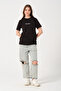 Women's Black Text Print Detailed Comfortable Cut T-Shirt - 2