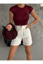 Women's Burgundy Crew Neck Short Sleeve Double Layered Front Blouse - 2