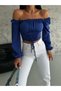 Women's Cobalt Blue Balloon Sleeve Tie up Corset Look Madonna Collar Diver Fabric Crop Blouse