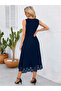 Women's Sleeveless Skirt Tip Laser Cut Flower Pattern Midi Length Imported Crepe Dress - 2