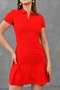 Stretch Fabric Shirt Collar Front Zipper Hidden Pockets Short Sleeves Red Evening Dress 049 - 2