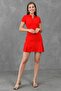 Stretch Fabric Shirt Collar Front Zipper Hidden Pockets Short Sleeves Red Evening Dress 049 - 8