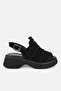 Women's Black Nubuck Genuine Natural Leather Short-Heeled Sandals
