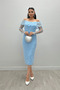 Three-Dimensional Floral Fabric Boat Neck Pencil Dress - ICE BLUE - 2