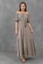 Women's Mink Cotton Fabric Madonna Collar Rope Belt Detailed Maxi Dress 6298 - 6