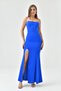 Women's Cobalt Blue Strapless Neckline Maxi Dress with Corset Detail and Slit Design, Size 167 - 8
