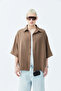 BASIC OVERSIZE CROP SHIRT-BROWN