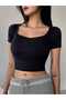 Women's Black Camisole Short Sleeve Square Neck Crop Blouse - 2