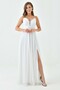 Lined Glitter Fabric Thin Straps V-Neck Slit Zipper Maxi Length White Evening Dress 39641 - 6