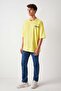 Hıgh Men's Oversize Fit 100% Cotton Thick Textured Printed Yellow T-shirt - 4