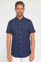 Men's Slim Fit Slim Fit Short Sleeve 100% Cotton Linen Texture Button Collar Navy Blue Shirt - 2