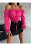 Women's Fuchsia Balloon Sleeve Tie up Corset Look Madonna Collar Diver Fabric Crop Blouse