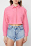 Pembe Crop Dokuma Sırt Dekolteli Keten Görünümlü Plaj Gömleği TBESS24GO00012 - 9