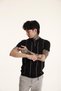The Champ Polo Collar Zippered White Striped Knitwear Knitted Black Men's T-Shirt - 6