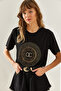 Women's Black Crew Neck Basic Combed Cotton T-Shirt with Stone Detail 60251238 - 4