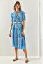 Women's Blue Hakim Collar Layered Patterned Viscose Dress 60251287 - 3