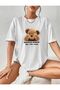 Women's White Surprise Bear Printed Oversize T-Shirt