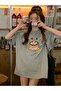 Women's Gray Rabbit in a Pastry Printed Oversize T-Shirt - 2