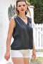 Italian Anthracite V-Neck Sleeveless Pleated Woven Casual Silk Blouse - 2