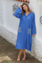 Blue Hooded Buttoned Long Sleeve Pocketed Slit Troc Woven Casual Dress - 3