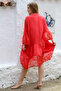 Red Ruffled Pompom Lace Woven Casual Dress with 3/4 Sleeves and Buttoned Skirt - 7