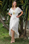 Ecru V-Neck Tissue Sleeve Lined Tassel Detailed Lace Back Long Woven Casual Dress - 7