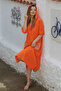 Orange Hooded Buttoned Long Sleeve Pocketed Slit Troc Woven Casual Dress - 2