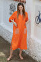 Orange Hooded Buttoned Long Sleeve Pocketed Slit Troc Woven Casual Dress - 6