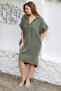 Organic Cotton Dark Khaki Shirt Collar Buttoned 3/4 Sleeve Buttoned Pocketed Woven Casual Muslin Dress - 6