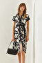 Women's Black Leaf Patterned Belted Buttoned Midi Length Dress 2455 60251317 - 6