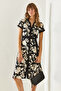 Women's Black Leaf Patterned Belted Buttoned Midi Length Dress 2455 60251317 - 4
