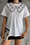 Women's White Pearl Stone Studded Cotton T-shirt