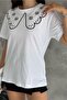 Women's White Pearl Stone Studded Cotton T-shirt - 5