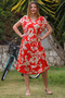 Red V-Neck Short Sleeve Oval Skirt Allover Printed Midi Length Woven Casual Dress - 7