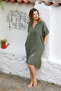 Organic Cotton Dark Khaki Shirt Collar Buttoned 3/4 Sleeve Buttoned Pocketed Woven Casual Muslin Dress - 3