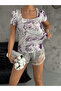 Women's Square Neck Short Sleeve Purple Cream Blouse - 4