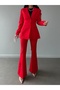 Red Fleto Pocket Button Blazer Jacket with Belt Flared Leg Button Stretchy Pants Suit