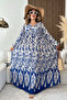 Women's White Blue V-Neck Ethnic Patterned Balloon Sleeve Long Dress