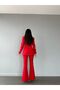 Red Fleto Pocket Button Blazer Jacket with Belt Flared Leg Button Stretchy Pants Suit - 6