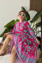 Women's Fuchsia Turquoise Buttoned Collar Ethnic Patterned Balloon Sleeve Long Dress - 2