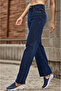 Navy Blue Lycra Super High Waist Loose Jean Palazzo Denim Trousers - 2