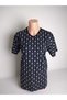 Women's Navy Blue Patterned V-Neck Short Slit Viscose Stretch Fabric Mom T- Jersey Blouse with Side Slits