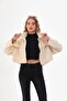 Women's Beige Short Oversize Gabardine Pocket String Jacket New Season - 4