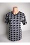 Women's Navy Blue Patterned V-Neck Short Slit Viscose Stretch Fabric Mom T- Jersey Blouse with Side Slits