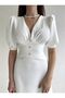 White Pearl Button Detailed Half Sleeve Midi Dress - 2
