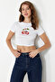 White 100% Cotton Cherry Printed Crop Fitted Body-Fitted Flexible Knitted T-Shirt TWOSS24TS00121